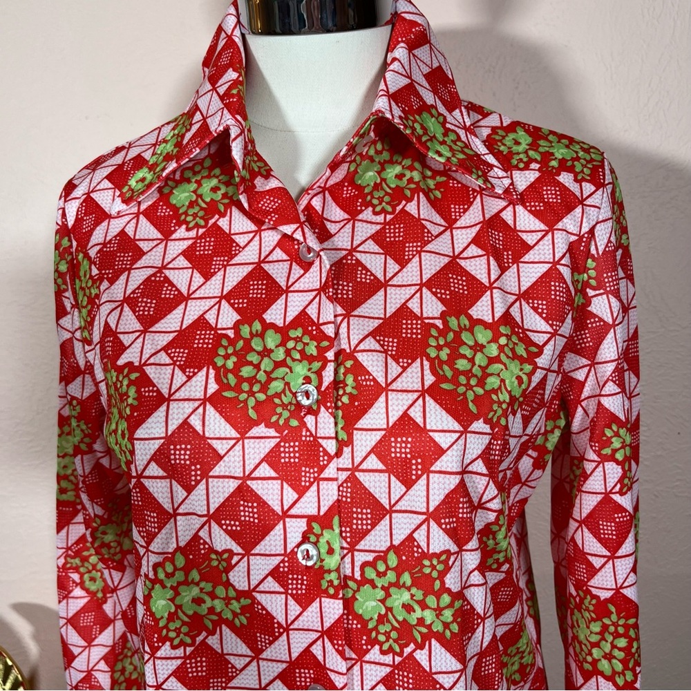 Vintage 1960 70 Western Red Green Gingham wild Print floral Dagger Collar Shirt